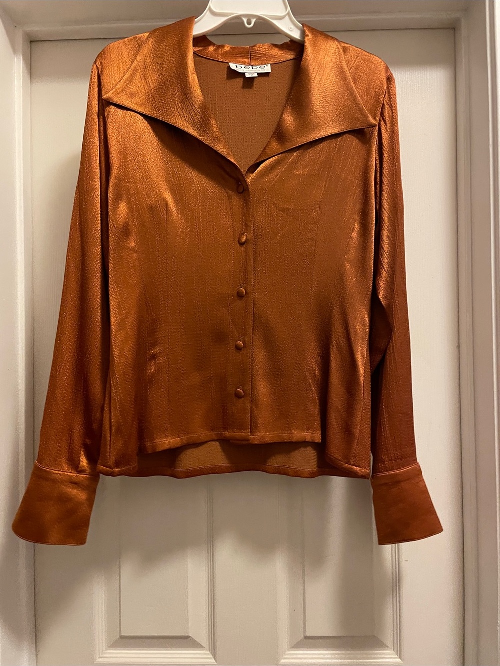 BEBE Bronze Satin Button-Up Blouse Collared Long Sleeve Sz S Made in USA Y2K